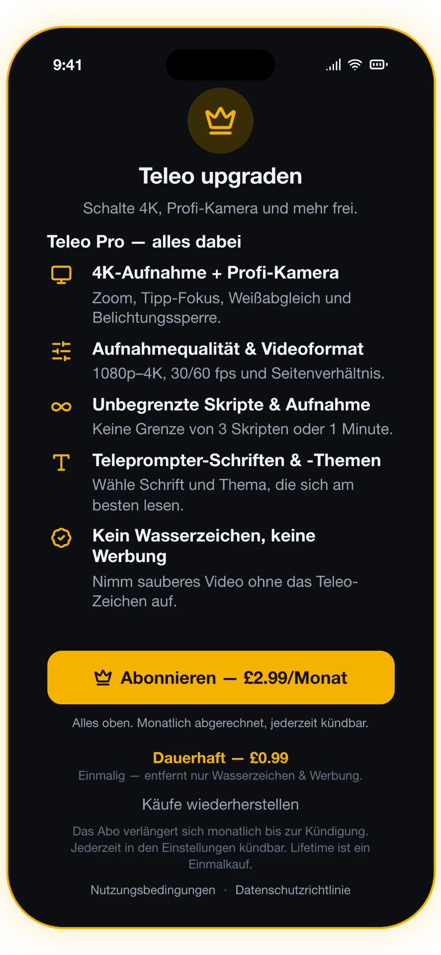 Screenshot 4 von 4: Teleo Pro — 4K & Pro-Kamera