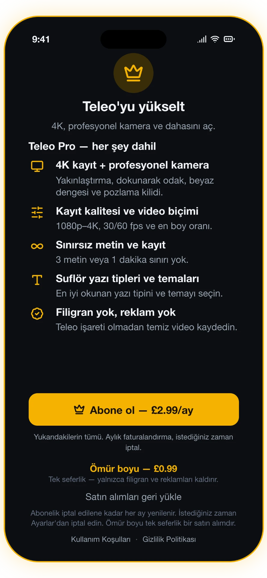Ekran görüntüsü 4/4: Teleo Pro — 4K ve pro kamera
