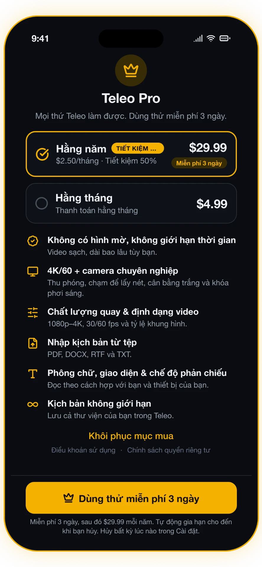 Ảnh chụp màn hình 4 trên 5: Teleo Pro — 4K & camera chuyên nghiệp