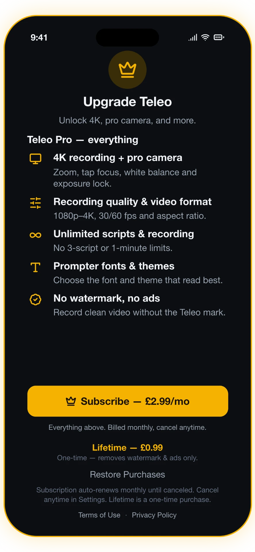 Screenshot 4 of 4: Teleo Pro — 4K & pro camera