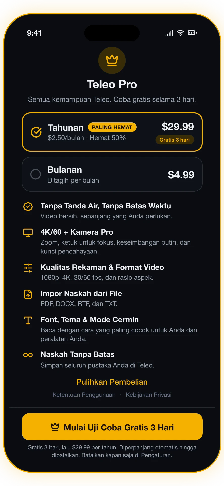 Tangkapan layar 4 dari 5: Teleo Pro — 4K & kamera pro