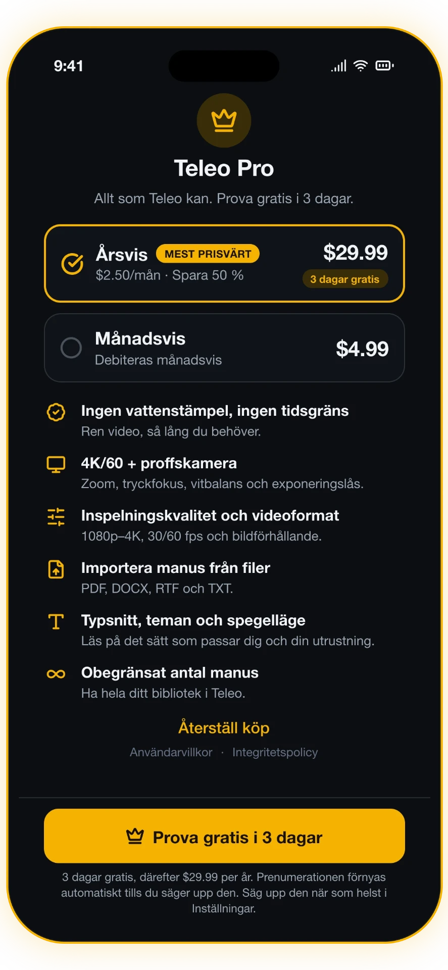 Skärmbild 4 av 5: Teleo Pro — 4K & proffskamera