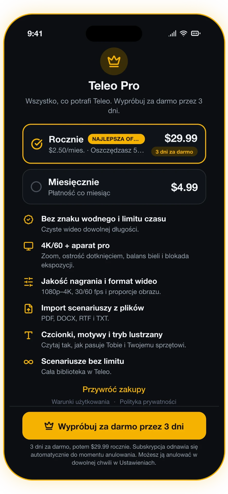 Zrzut ekranu 4 z 5: Teleo Pro — 4K i pro kamera