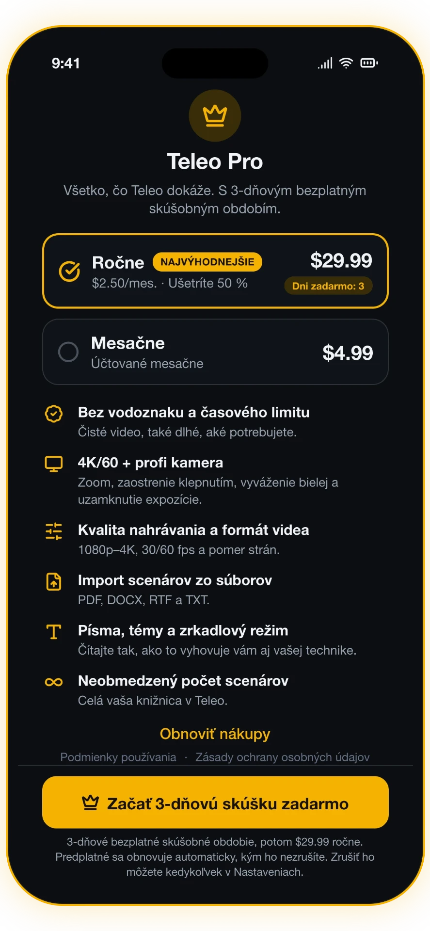 Snímka obrazovky 4 z 5: Teleo Pro — 4K a pro kamera