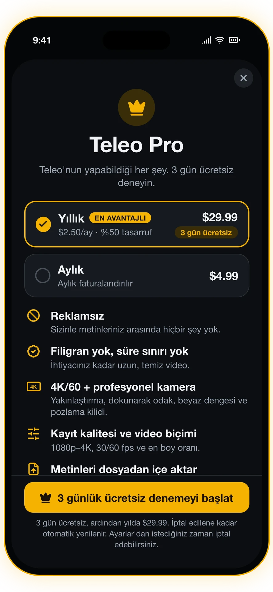 Ekran görüntüsü 5/6: Teleo Pro — 4K ve pro kamera