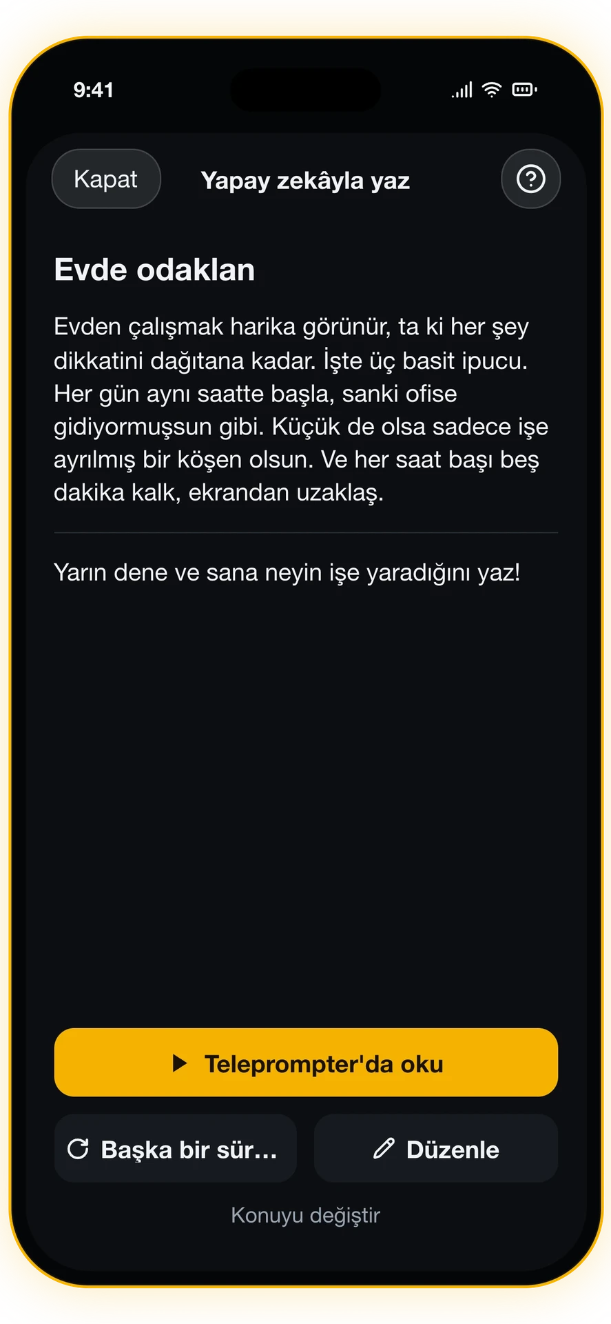Ekran görüntüsü 2/6: Yapay zekâyla metin yaz